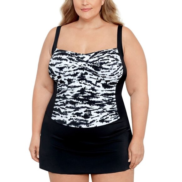 Swim Solutions Plus Size Tummy Control Skater Swimsuit 20W Black White $122 - Picture 1 of 3